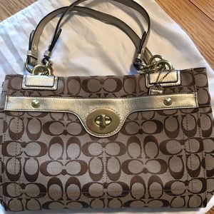 Coach Canvas Signature Biege Bag with Gold Trim.